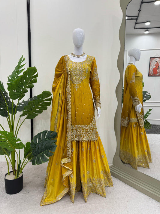 Designer Chinon Suit Set with Heavy Sharara & Embroidered Dupatta | Full Work Front & Back YNF