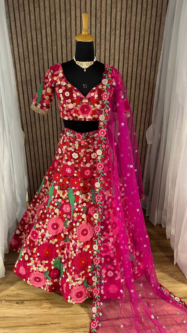 Luxury Tapeta Velvet Lehenga Set with Chainstitch Embroidery & Sequins Work | Unstitched Blouse & Net Dupatta | Premium Partywear for Women YNF
