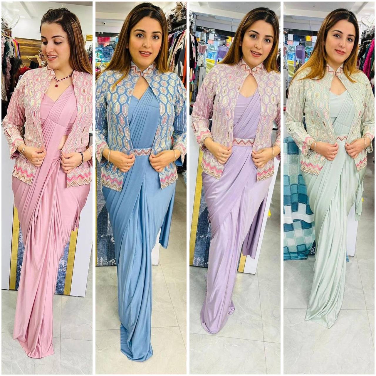 Elegant Chinon Silk Ready-to-Wear Saree Set with Embroidered Koti & Belt – Fits up to 44" YNF