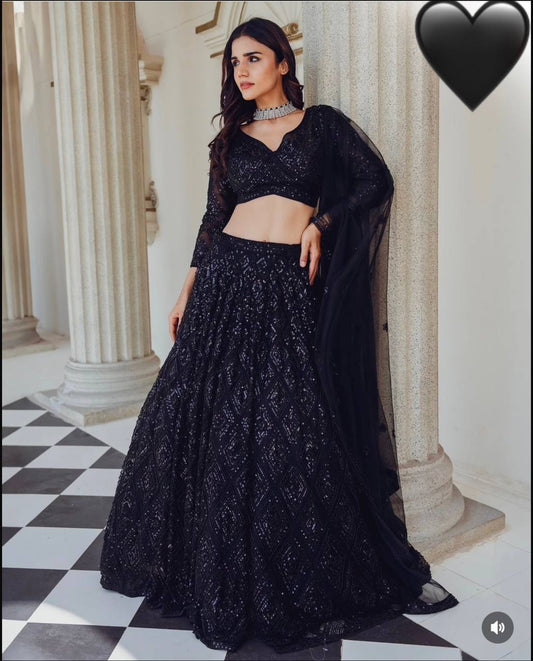 Georgette Lehenga Set with Sequins & Dori Work | 3.5m Flair | Unstitched Blouse & Dupatta YNF