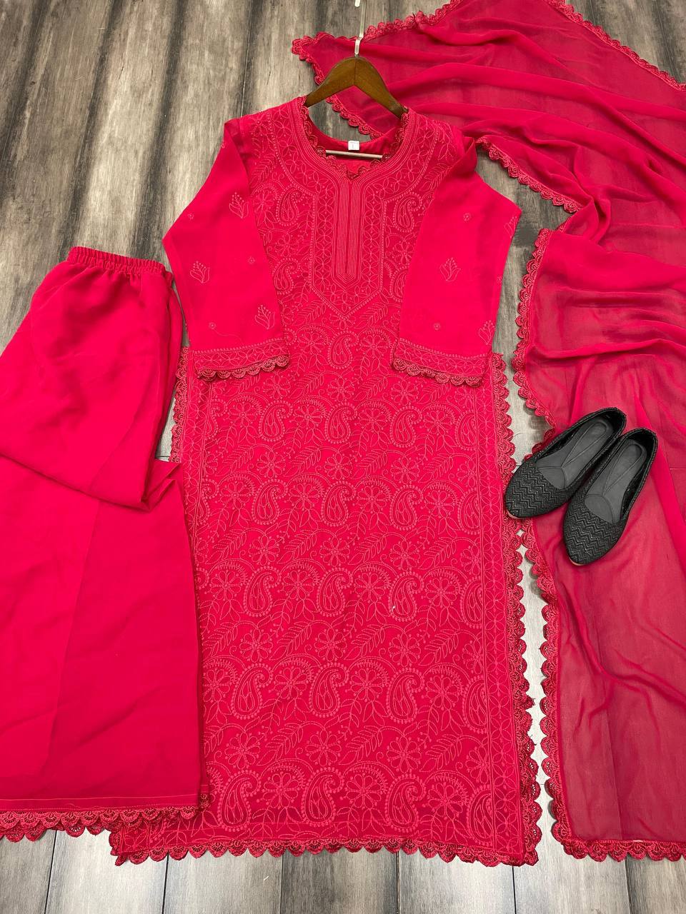 Elegant Faux Georgette Embroidered Top-Plazo Set with GPO Lace Work YNF