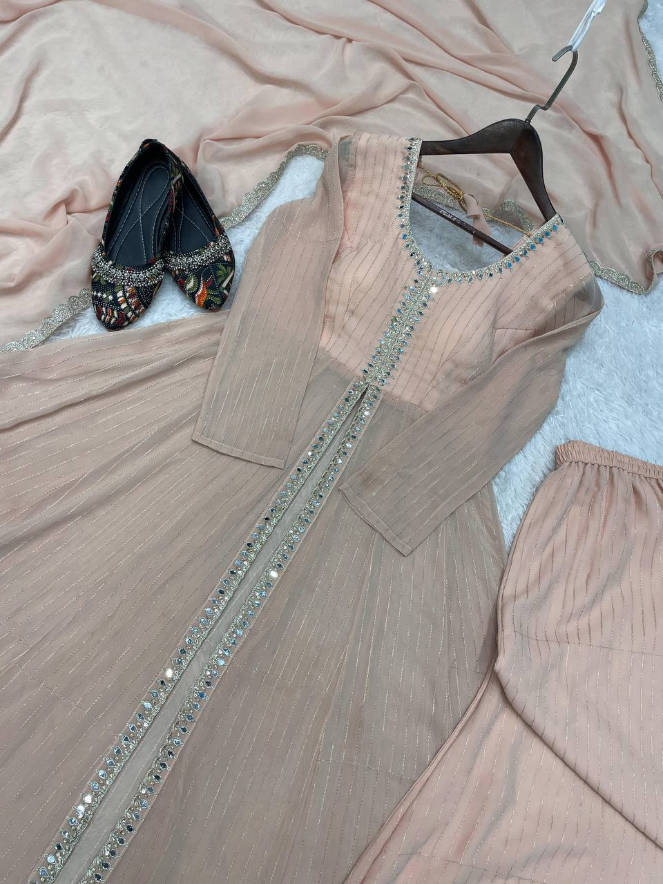 Stunning Faux Georgette Top-Plazo Set with Cording Embroidery & Real Mirror Work YNF