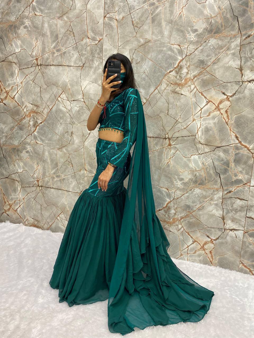 Stunning Faux Georgette Lehenga Set with Sequence Work, Ruffles & Attached Dupatta YNF