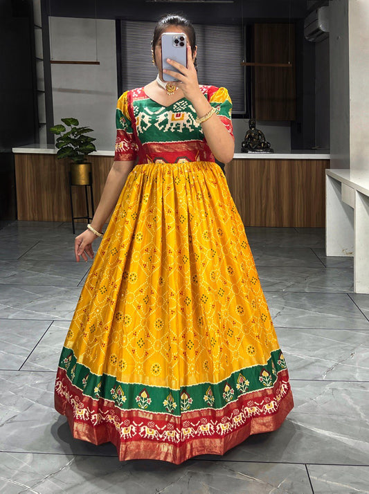 Patola Print Gown in Soft Dola Silk with Zari Border & Foil Work | Full Flare with Adjustable Fit YNF