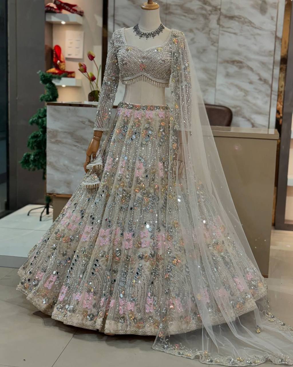 Real Mirror Embroidered Soft Butterfly Net Lehenga Set | Semi-Stitched with Dupatta & Blouse YNF