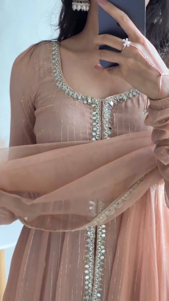 Stunning Faux Georgette Top-Plazo Set with Cording Embroidery & Real Mirror Work YNF