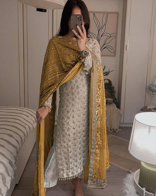 Elegant Fox Georgette Set with Sequence Embroidery & Real Mirror Dupatta YNF