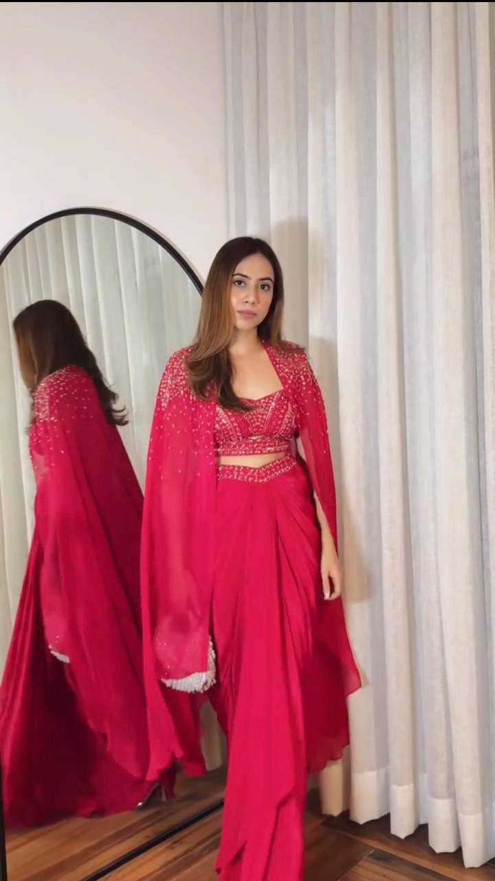 ✨Elegant 3-Piece Co-Ord Set with Draped Skirt, Tube Blouse & Embroidered Shrug | Premium Partywear Ensemble YNF