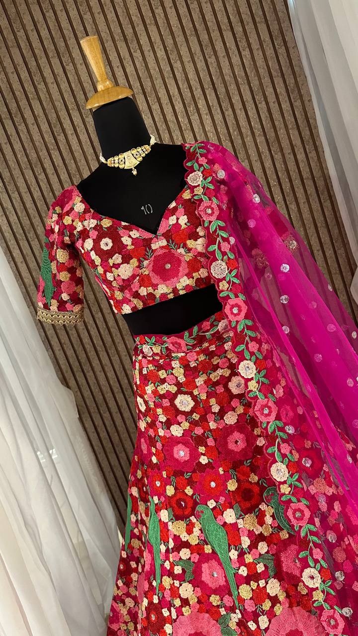 Luxury Tapeta Velvet Lehenga Set with Chainstitch Embroidery & Sequins Work | Unstitched Blouse & Net Dupatta | Premium Partywear for Women YNF