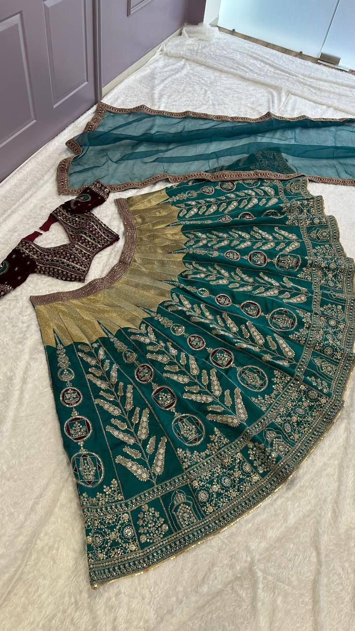 Graceful Mulmul Silk Lehenga Set with Thread, Zari, Dori & Sequins Work | 9000 Velvet Unstitched Blouse & Organza Dupatta | Premium Partywear for Women YNF
