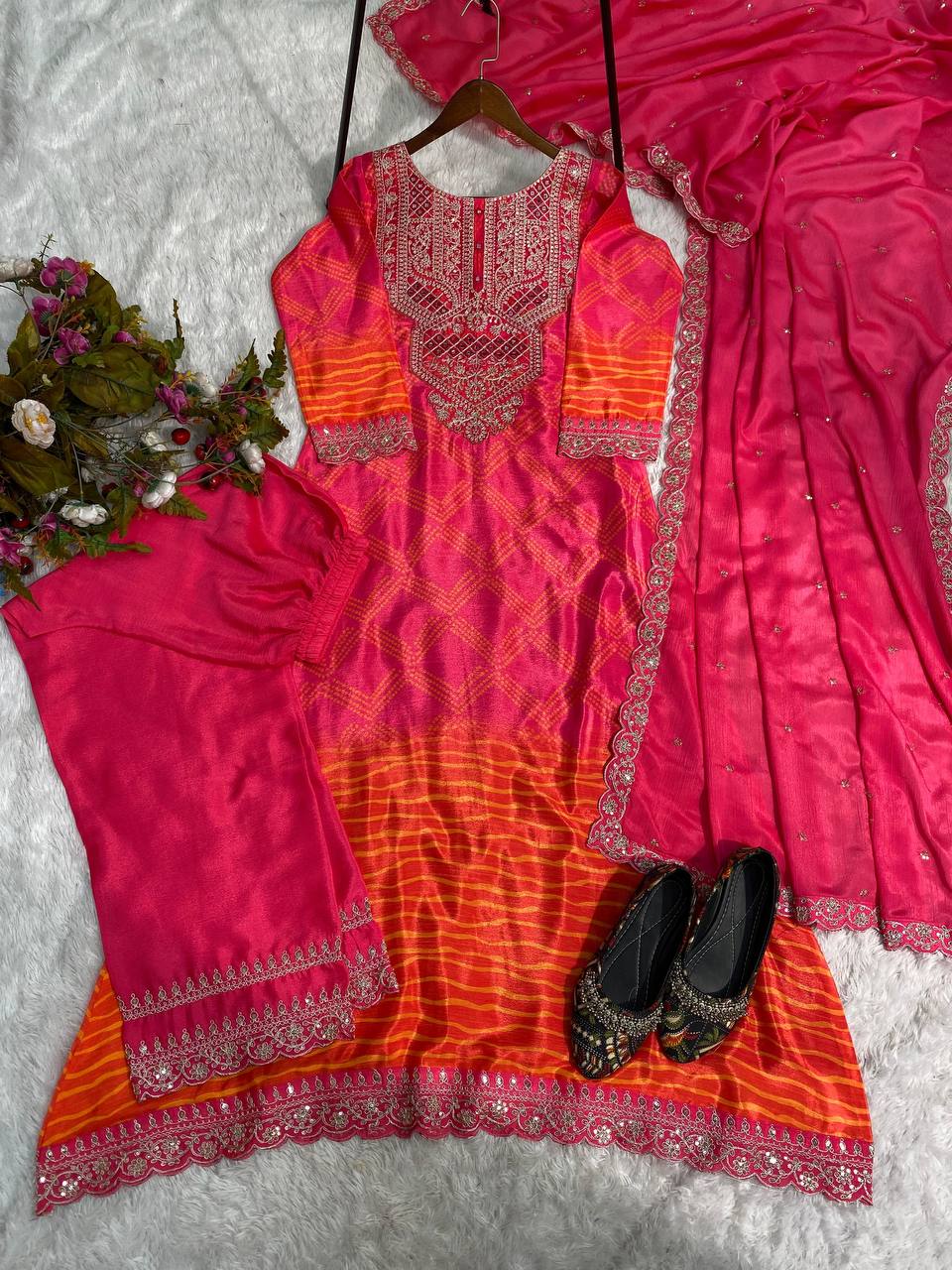 Premium Chinon Silk Suit Set with Pant & Dupatta | Real Mirror & Sequence Work YNF