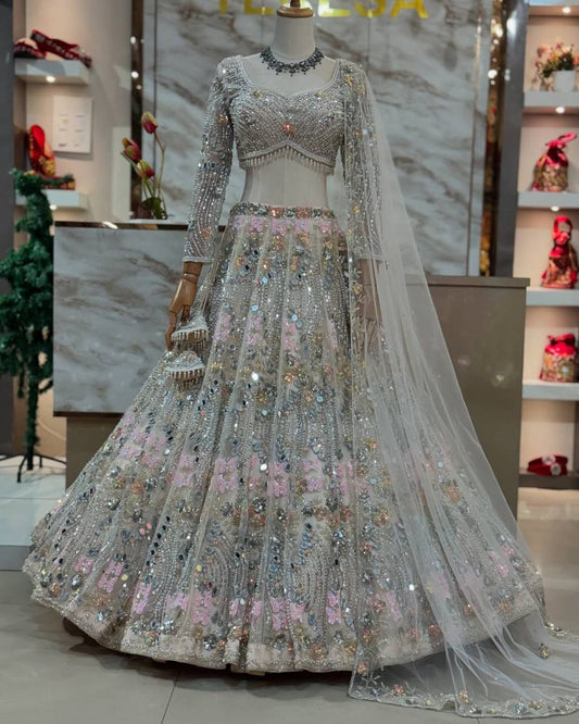Real Mirror Embroidered Soft Butterfly Net Lehenga Set | Semi-Stitched with Dupatta & Blouse YNF