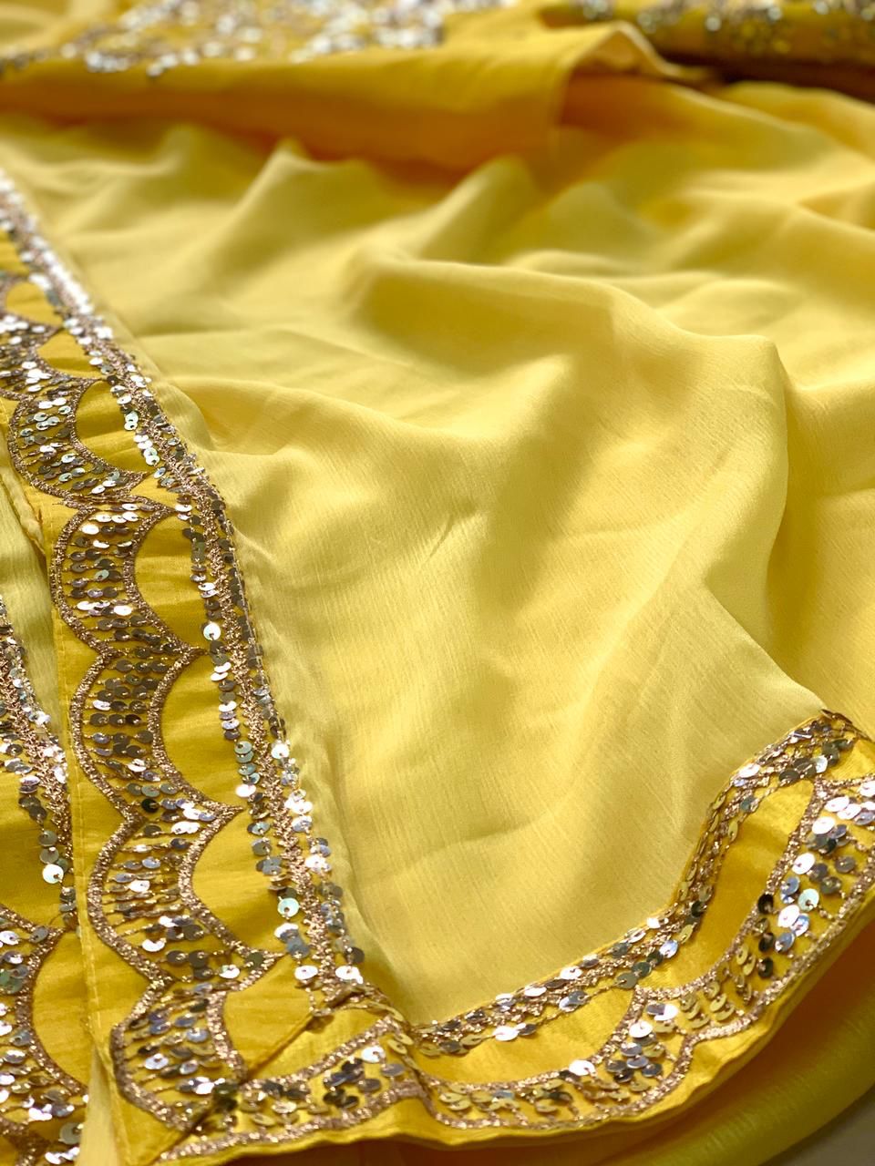 Premium Moss Chiffon Saree with Embroidery Lace & Sequins Work | Unstitched Banglory Silk Blouse YNF