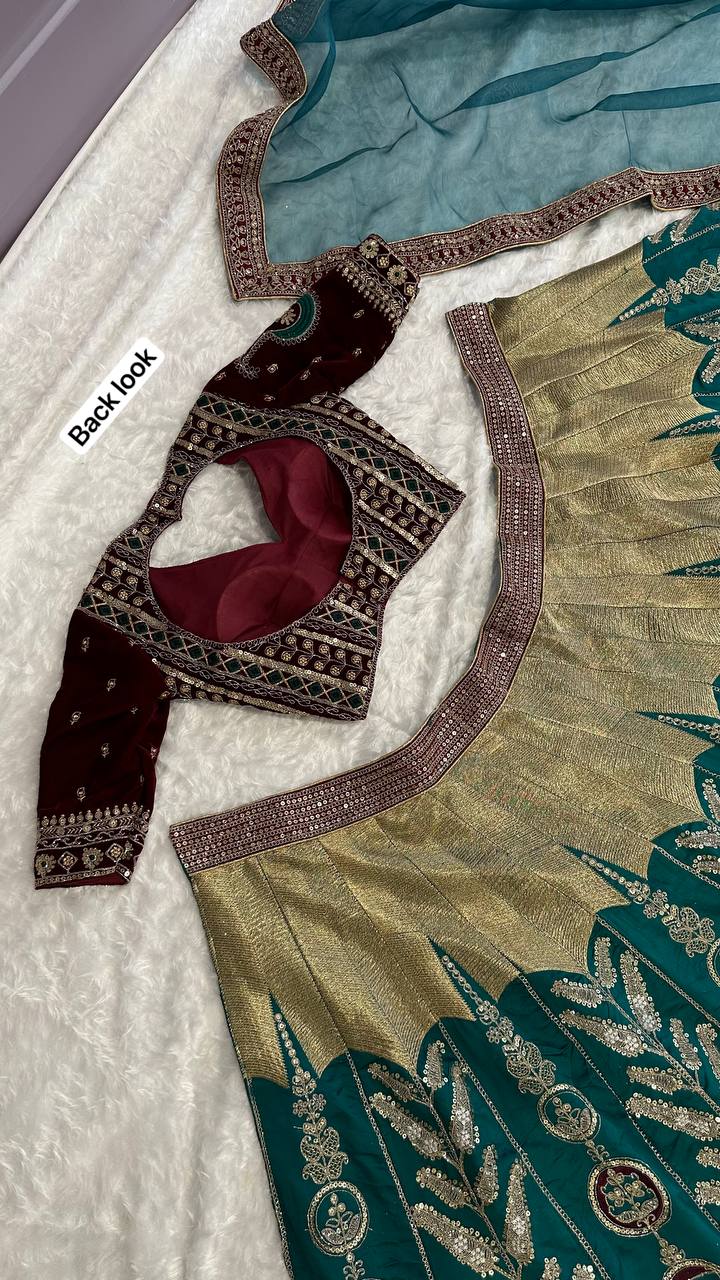 Graceful Mulmul Silk Lehenga Set with Thread, Zari, Dori & Sequins Work | 9000 Velvet Unstitched Blouse & Organza Dupatta | Premium Partywear for Women YNF