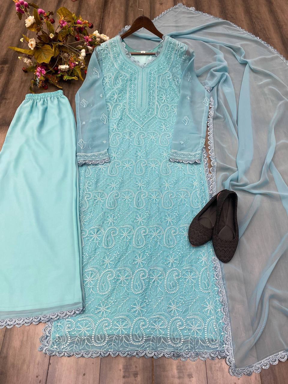 Elegant Faux Georgette Embroidered Top-Plazo Set with GPO Lace Work YNF