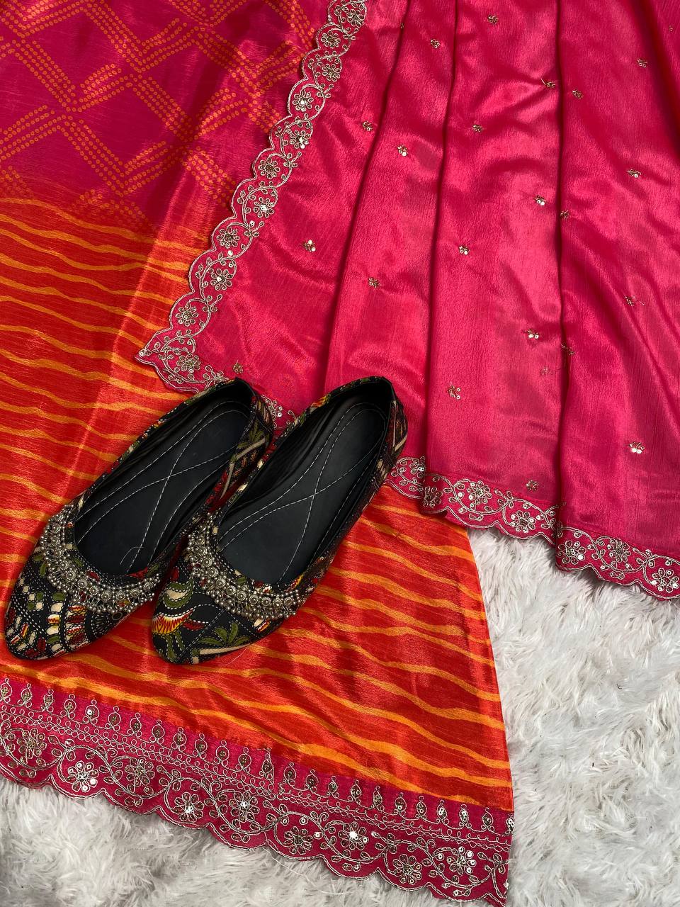 Premium Chinon Silk Suit Set with Pant & Dupatta | Real Mirror & Sequence Work YNF