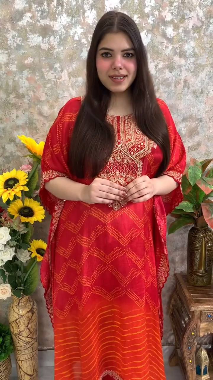 Designer Chinon Kaftan Set with Real Mirror & Luxe Embroidery | Festive Ready YNF