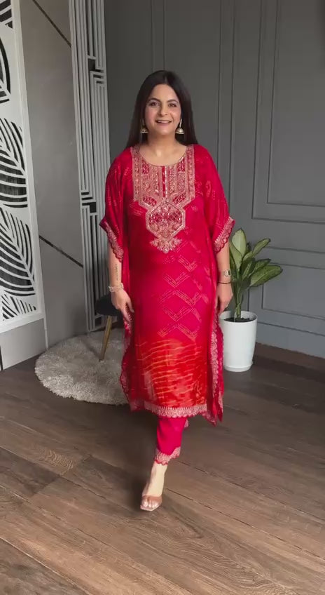 Designer Chinon Kaftan Set with Real Mirror & Luxe Embroidery | Festive Ready
