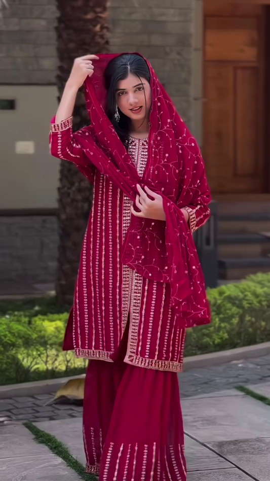 Graceful Faux Georgette Sharara Set with Embroidery Sequence Work | Fully Stitched Festive & Partywear Suit YNF